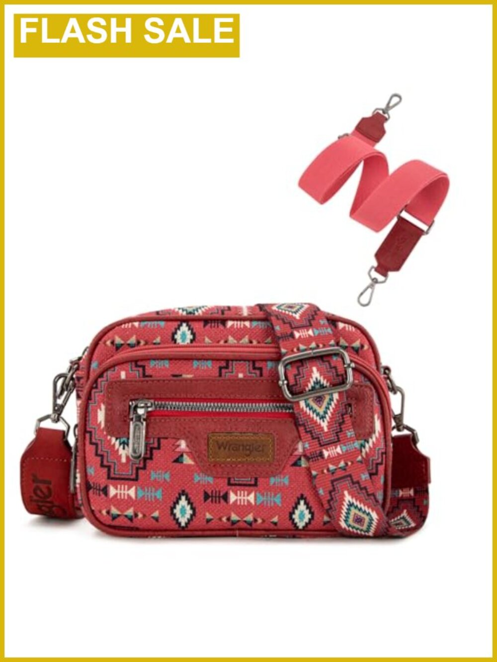 Canvas Crossbody Bag with Aztec Pattern, Two Detachable Straps, 10 Pockets